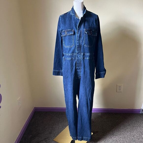 Madewell Denim Slim Coverall Jumpsuit Dark Blue Button Down‎ Cotton Stretch 10 - Picture 1 of 11